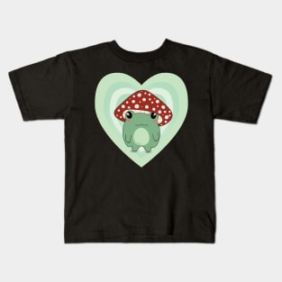 Mushroom Hat Kawaii Frog on Light Green Hearts Kids T-Shirt